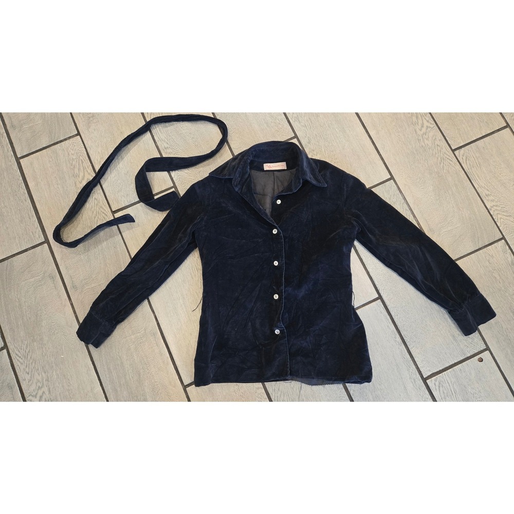 Evan-Picone Vintage Navy Blue Velvet Button Down Shirt Jacket with Belt